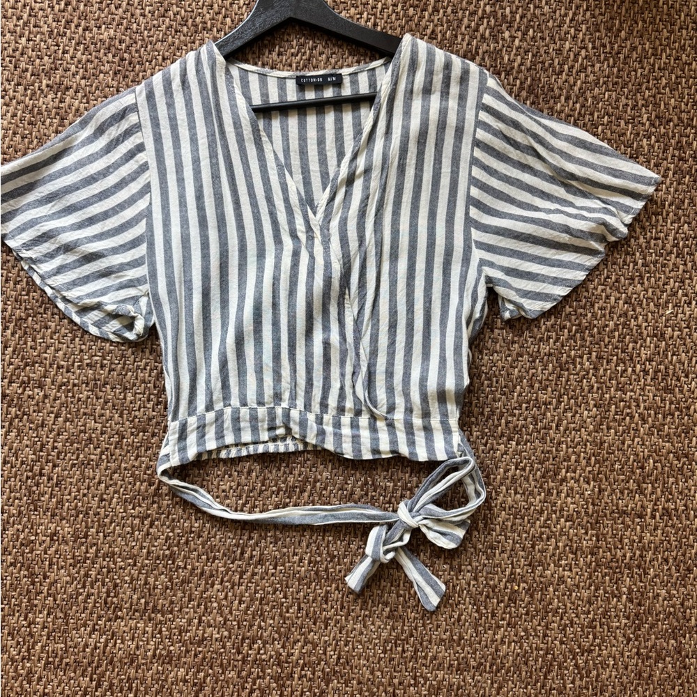 Cotton On White and Blue Crop Tie Front Blouse